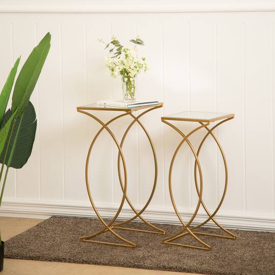 Glitzhome® Metal Tall Accent Table with Glass Top Set